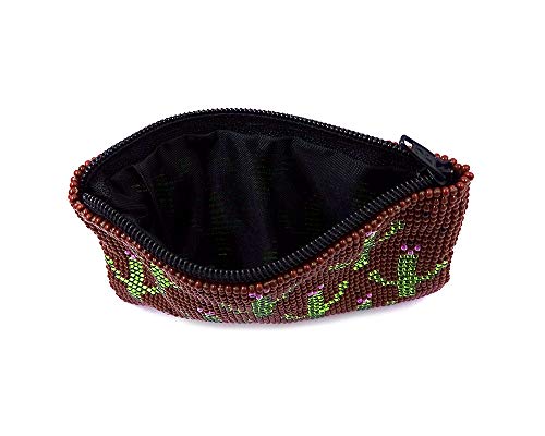 Multi Saguaro Cactus Pattern Czech Glass Seed Beaded Coin Purse Zipper Pouch - Womens Fashion Handmade Bags Boho Travel Accessories (Brown) - color: Brown