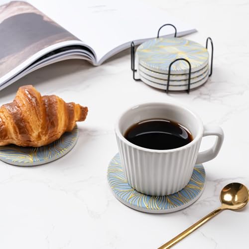 6Pcs Absorbent Coasters Set with Holder,Ceramic Drink Coaster,4 in（A7） - color: Gilded Relief