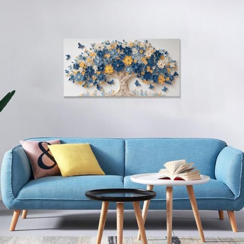 Blue Floral Tree Butterfly Canvas Wall Art Decor for Living Room 20"X40" - color: LAI-13H, size: 40"L x 20"W