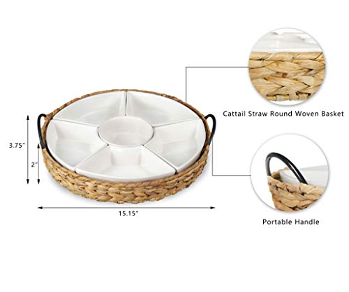 Ceramic Serving Tray, Food Tray 15.5 x 15.5 Inches,Divided Serving Platter with 6 Removable Dishes, Portable Handle Cattail Serving Bowls,Perfect for or Chips and Dip,Natural - color: Natural