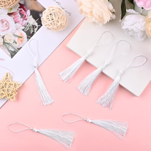 NACHLYNN 120 Pcs Bookmark Tassels Bulk 13cm/5 Inch Silky Handmade Soft Craft Mini Tassels for Jewelry Keychain Making with Loops for Dress Decoration DIY Craft Accessory (White) - color: White