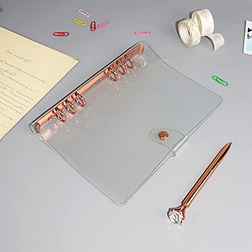 Personal A5 Transparent PVC Binder Cover Clear Soft PVC Notebook Shell Rose Gold 6 Rings Protector with Snap Button Closure Loose Leaf Folders (Personal A5, Clear Cover + Rose Gold Binder) - color: Clear Cover + Rose Gold Binder, size: Personal A5