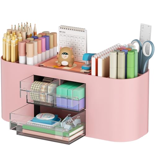 Marbrasse Desk Organizer Pen Holder for Desk with 3 Drawers, Multi-Functional Pencil Holder, Desk Organizers and Accessories with 7 Compartments for Home, School, Classroom(Pink) - color: Pink