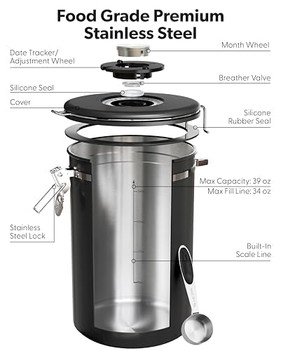 Veken Coffee Canister with Window, 39OZ Large Airtight Stainless Steel Jars - color: Black, size: 39 oz