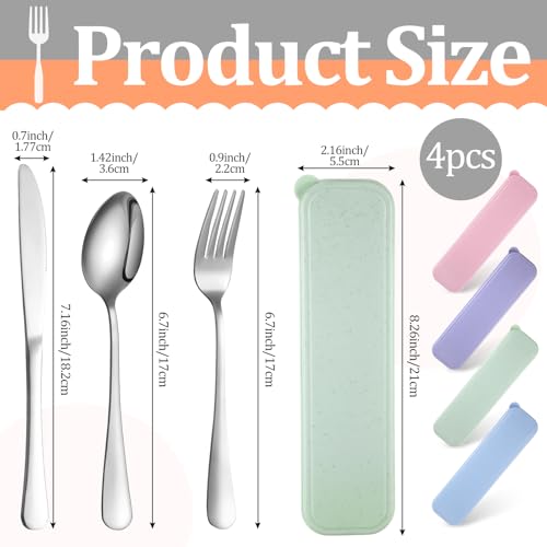 Yinkin 4 Pack Travel Silverware Set with Case for Lunch,Pastel - color: Pastel