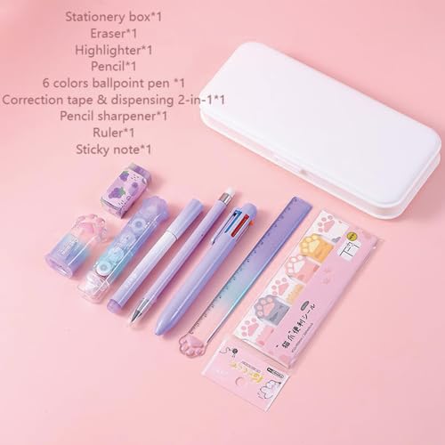 MOZXIRZ 9 Pcs Cute Purple Stationery Set for Girls Boys Kids Women Back to School Supplies Office Supplies Cartoon Cat Paw Stationery Set Aesthetic Kawaii Stationery Gift (Purple) - color: Purple