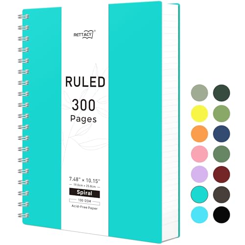 RETTACY Spiral College Ruled Notebook, 300 Pages, B5 Medium Size (7.4" x 10"), for School, Work, Writing, Journaling, 100 GSM Thick Paper, Flexible Plastic Cover (Tiffani Blue) - color: Tiffani Blue, size: 7.4" x 10"