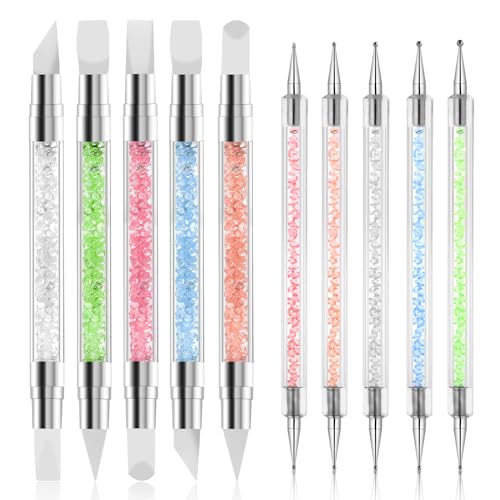 10PCS Nail Art Gel Carving Pen Acrylic Nail Dotting Pen Rhinestone Handle Double-Ended Silicone Nail Art Pen Brushes for Design Nail Foil Carving Drawing and 3D Effect Shaping Drawing Dotting Tools - color: 10 pcs style A