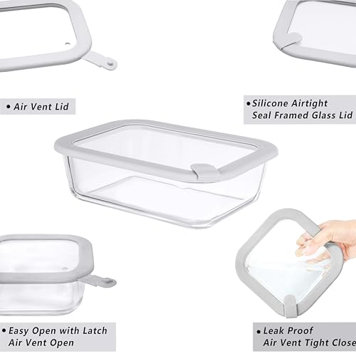 Glass Food Containers with Glass Lid, Microwave Safe Food Storage Container Set, 2 Pack of 50oz, Large Size Airtight Storage Set with Leak Proof Lids, Meal Prep Containers - color: Grey-J2RS