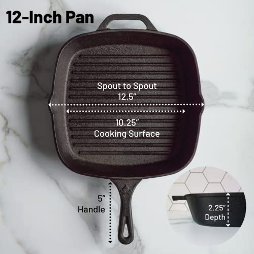 12 Inch Square Grill Pan Large Pre-Seasoned Cast Iron - size: 12"