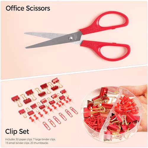 SKYDUE Red Office Supplies Set, Pencil Holder for Desk, Stapler, Tape Dispenser, Scissors,Clips and 1000pcs Staples, Office Decor for Women, Red Desk Accessories - color: Red