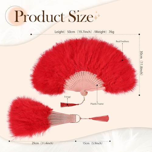 whitefeather Vintage Feather Hand Fan, 17.7 x 11.8 inches, Marabou Feathers, 1920s Style for Costume Parties, Tea Parties - color: Red