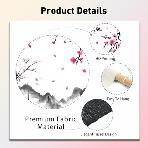 PLIGREAT 2 Pack Cherry Blossoms Wall Hanging Ink Painting Tapestry with Tassel Vertical Long Narrow Aesthetic Wall Tapestry for Bedroom Living Room Bathroom Home Office Decor - color: black,pink