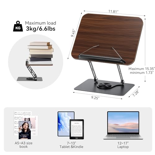 360° Rotating Book Stand for Reading, Adjustable Foldable Book Holder for Reading, Cooking, Office, Compatible with Cookbooks, Textbooks, Tablets, Sheet Music, and Laptops (Black Walnut) - color: Black Walnut