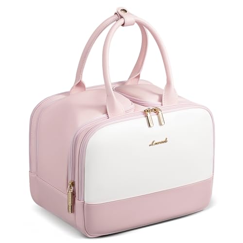 LOVEVOOK Travel Toiletry Bag for women, Leather Large Wide-open Makeup Bag, Waterproof Cosmetic Bag Organizer for Shower, Traveling, Toiletries, Bathroom - color: White Pink