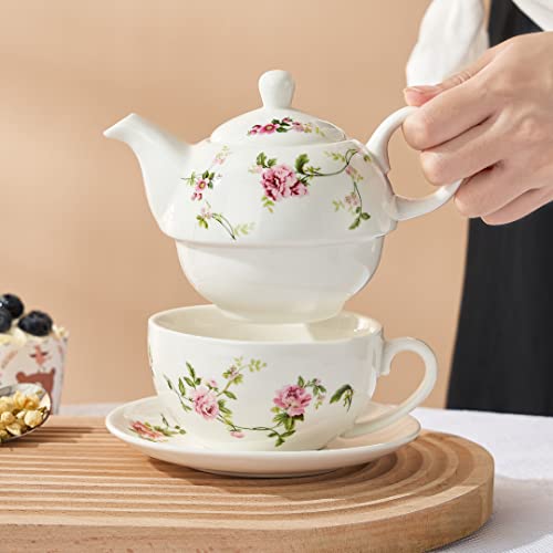 Tea for One Set, Teapot and Cup Set, Rattan Flower Design - color: Pink flower