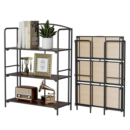 Crofy 3-Tier Wider Foldable Bookshelf, Black Frame & Walnut Shelves - color: Black Frame & Walnut Shelf, size: 3 Tier Wider