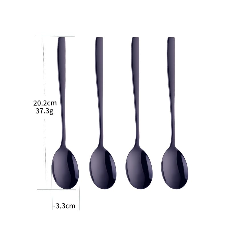 Metal Round Spoons, 8 inch Stainless Steel Reusable Long Handle Korean Soup Spoons, Table Dinner Desert Spoon Set of 8 (Black) - size: Black