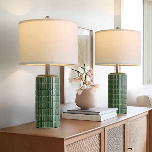 PoKat 23" Dark Green Ceramic Table Lamps Set of 2, Modern Table Lamps for Living Room, Farmhouse Lamps for Bedroom Night Stands, Traditional Nightstand Desk Decor Lamps - color: Dark Green