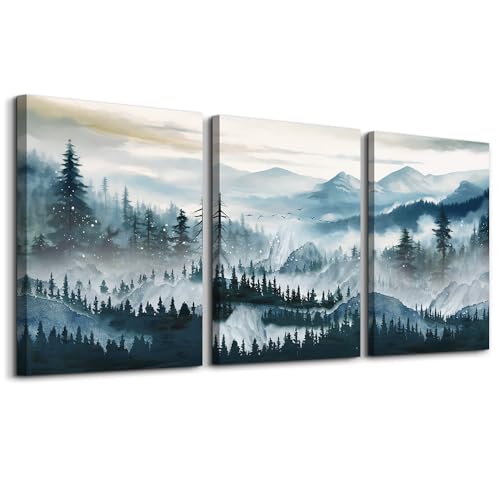 MHARTK66 Wall Art for Bedroom,Mountain Landscape Wall Decor,Large Foggy Forest Artwork for Walls, 3 Piece Nature Paintings Prints for Living Room Hallway Office Kitchen Home Decorations, 12x16 Inch - color: Forest Trees Landscape Wall Painting, size: 12x1