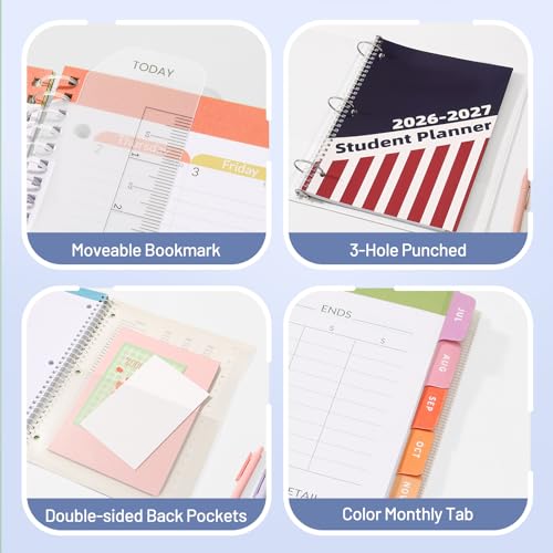 Student Planner 2026-2027, SUNEE Middle or High School Student Planner for Academic Jul. 2026 - Jun. 2027, 8.5"×11" Lesson Plan Book with 3-Hole Punched, Bookmark, Planning Stickers, Academic Color - color: Academic Color, size: A4 8.5"×11"