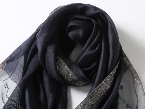 Jeelow Long Silk Blend Embroidered Floral Shawl Scarf Wrap for Women - color: Rose Beaded Navy