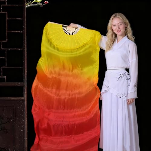 BRYCTSISEN Silk Belly Dance Fan Veil 2 Pairs Long Performance Folding Fan - color: Gradual Yellow