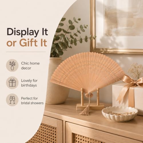 COHEALI Bamboo Folding Hand Fan, 12.5 Inch Wooden Handheld Fan with Tassel, Vintage Cooling Accessory for Women, Weddings and Parties