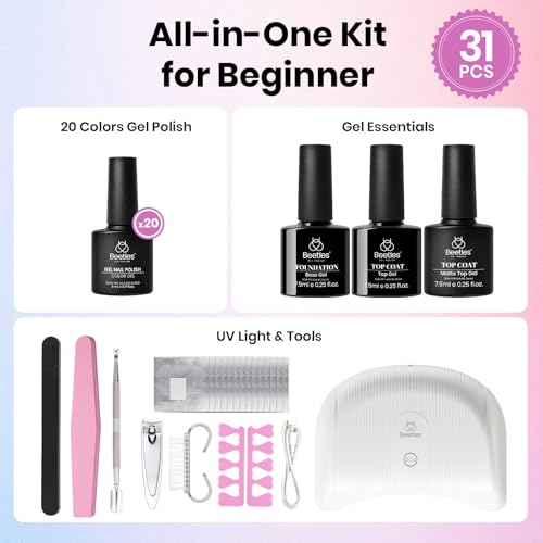 Beetles Gel Nail Polish Kit with U V Light, 20 Colors, 31 PCS Starter Set - color: A-Colorful Dreamscape
