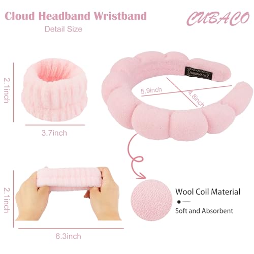 CUBACO Spa Headband and Wristband Set for Women with Ice Jade Roller and Gua Sha, Skin Care Set Tools Puffy Makeup Headband Teen Girl Gifts Trendy Stuff Hair Accessories for Women - color: Pink