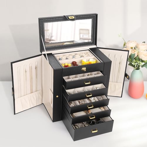 Kendal Extra Large Jewelry Box Jewelry Case PU Leather 6 Tier 5 Drawers Large Storage Capacity with Mirror Jewelry Storage Organizer Great Gift Also Good For Watches LJC-SHD5BK (black) - color: Black, size: Extra-Large(12.7"x12"x6.7")