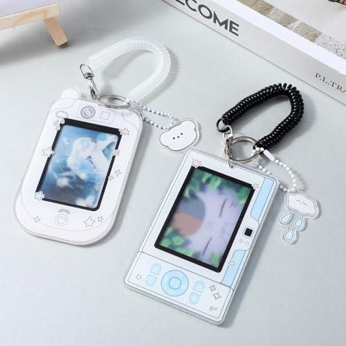Mabor 2Pcs Cartoon Photo Card Holder, Photocard Holder Keychain Cute ID Badge Holders Acrylic Photocards Holders with Cloud Bear Pendant Spiral Wrist Coil