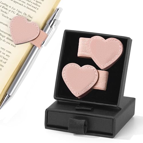 2Pcs Magnetic Leather Bookmarks with Pen Holder Gift Box, Heart-Shaped Magnetic Book Marks for Book Lover Readers Cute Leather Bookmark for Women Girls (Pink) - color: Pink