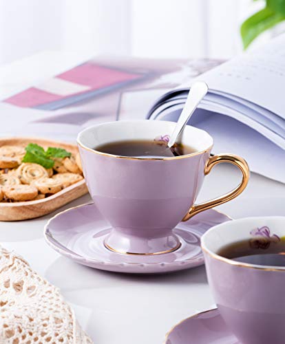 Set of 6 Porcelain Tea Cup and Saucer Set with Golden Handle, Purple - color: Purple