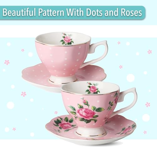BTaT- Floral Tea Sets for Adults, 13 pcs, Service for 4, Pot (38 oz) & Cups (8 oz) with Saucers, Pastel Pink Floral Design with Gift Box, Porcelain Tea Set for Adult, Dishwasher Safe - color: Pink