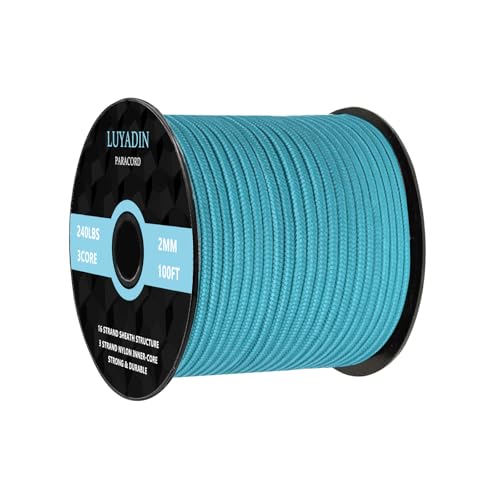 Paracord 240lb - Diameter 2mm Micro Utility Cord -3 Strand Parachute Spool Cord - 100ft 200ft,Paracord for Camping,Hiking,Fishing,Outdoor and DIY - color: Cyan, size: 100 ft