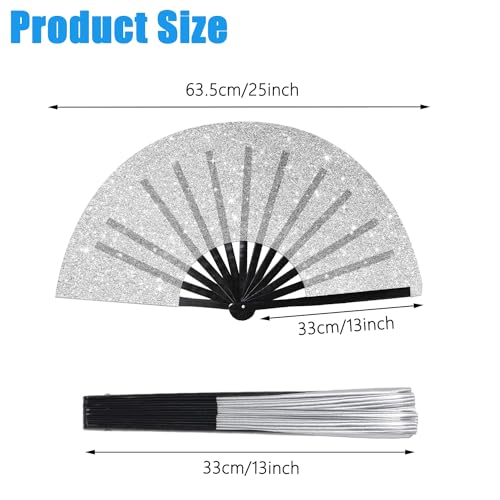Large Folding Hand Fan Glitter Large Rave Hand Fan, Folding Shiny Hand Fan Clack Handheld Fan Women Handheld Fan with Bag for Festival, Disco Party, Club, Dance, EDM, Home Decoration(Silver) - color: Silver