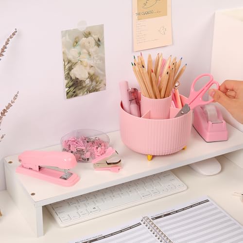 SKYDUE Pink Desk Accessories 11Pcs with Rotating Pen Holder for Desk - color: Pink