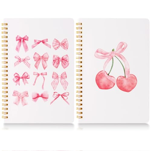 CNhoqc Pink Spiral Journal Notebook, 2 Pcs A5 Pink Bow Cherry Watercolor - color: Pink