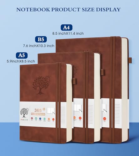 PERCUN A4 Lined Journal Notebook，365 Page Large Leather Journals for Writing Women Men，Hardcover Notebook with 100Gsm Thick Pages for Travel，Work，School，College Ruled, Daily Diary (8.5" x 11.4") - color: Brown, size: A4