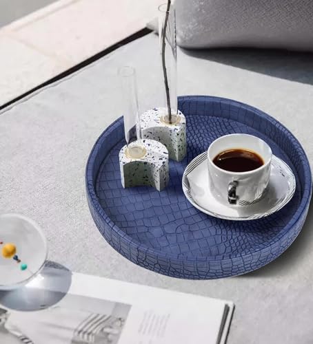 HofferRuffer Faux Leather Round Serving Tray, Vegan Croco Leather Decorative Tray, Food Tray for Storage Drinks, Snack & Cosmetics, Dia.12'' x 1.6'' (Blue) - color: Blue, size: 12"