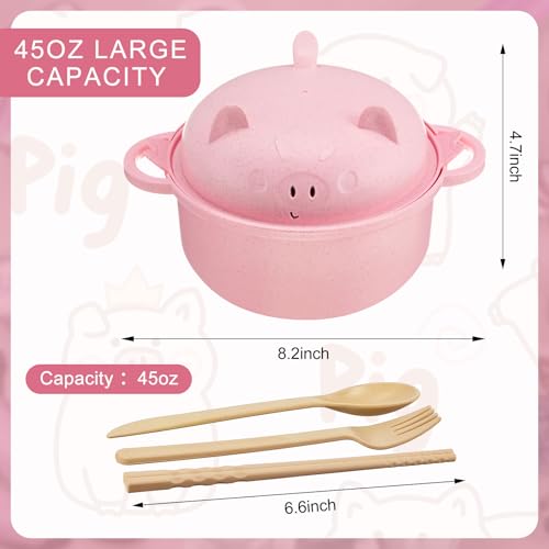 2 Sets Large 45oz Cute Pig Ramen Bowl Set Microwavable Pink, Black - color: Pink,Black