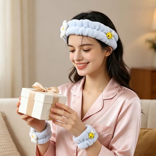 PERFECTSIGHT Kawaii Headband for Spa, Makeup, Washing Face, Party - 2 Pack Cute Hair Band for Shower Beauty Skincare, Soft Facial Headbands for Girls and Women (Blue Flower Bee) - color: Blue Flower Bee