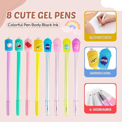 Cute Boba Pencil Case Set for Girls - Back to School Supplies Kit with Pop Up Pencil Pouch, Pens, Stickers & Eraser, Kawaii Stationery Set for Students, Classroom, & Journaling (Pink Bubble Tea) - style: Bubble Tea Stationary (Pink)