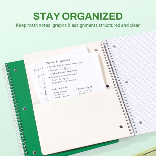 SUNEE Spiral Notebook, 1-Subject, Graph Ruled Paper, 8" x 10-1/2", 100 Sheets per Notebook, 3-Hole Punched Paper, Water Resistant Cover, Spiral Grid Notebooks for Work, Home, School, Dark Green - color: Dark Green