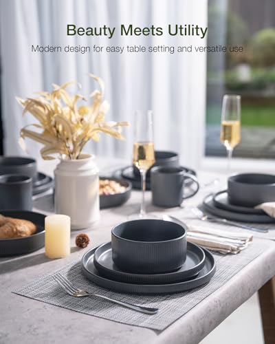 Famiware Star Stoneware Dinnerware Sets for 8, Reactive Glaze Plates, Bowls - color: Matte Dark Charcoal
