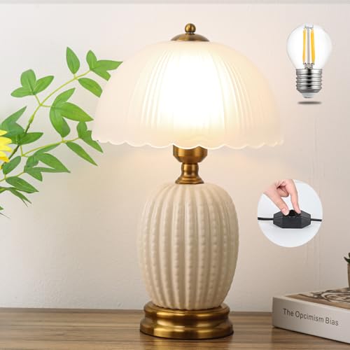 Ceramic Table Lamp Dimmable for Living Room, 16" Modern Vintage Bedside Nightstand Lamps with White Glass Shade,Classic Chinoiserie Retro Bedroom Lamp for Night Stands, Dorm,Office, Home Decor - color: White Pineapple