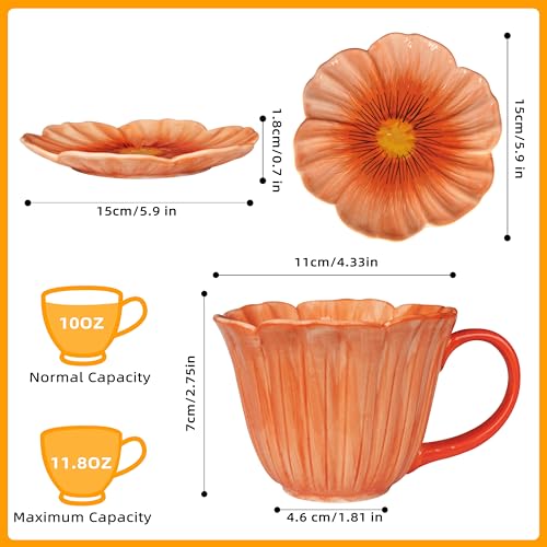 10 oz Tea Cups and Saucers, Ceramic Flower-shaped Cappuccino Cup, Latte Cup and Saucer set, elegant floral Espresso Cup set, Suitable for microwave and dishwasher-Orange - color: Orange