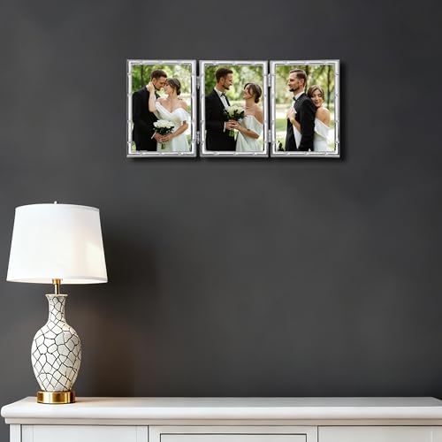 YiPinYin Elegant Silver Plated 5x7'' Hinged Triple Metal Picture Frame,Bamboo Detail Designs,with Real Glass & Soft Touch Velvet Backing for Desktop and Wall Décor - color: Silver, size: 5x7''(Triple)