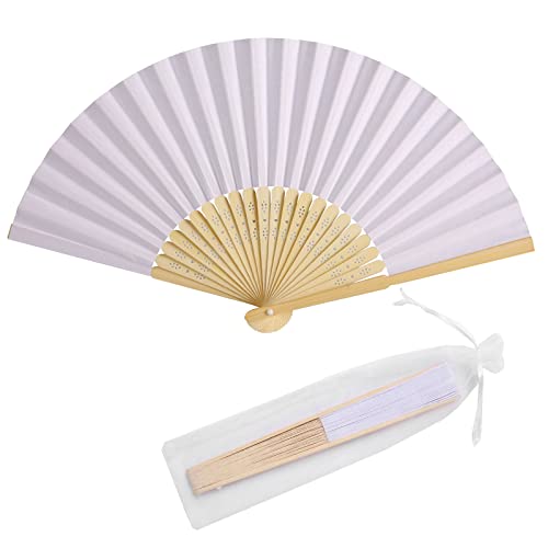 50pcs Paper Hand Fan with Organza Bags Bamboo Handheld Folding Fans DIY Decorative Wedding Party Favors (White) - color: White